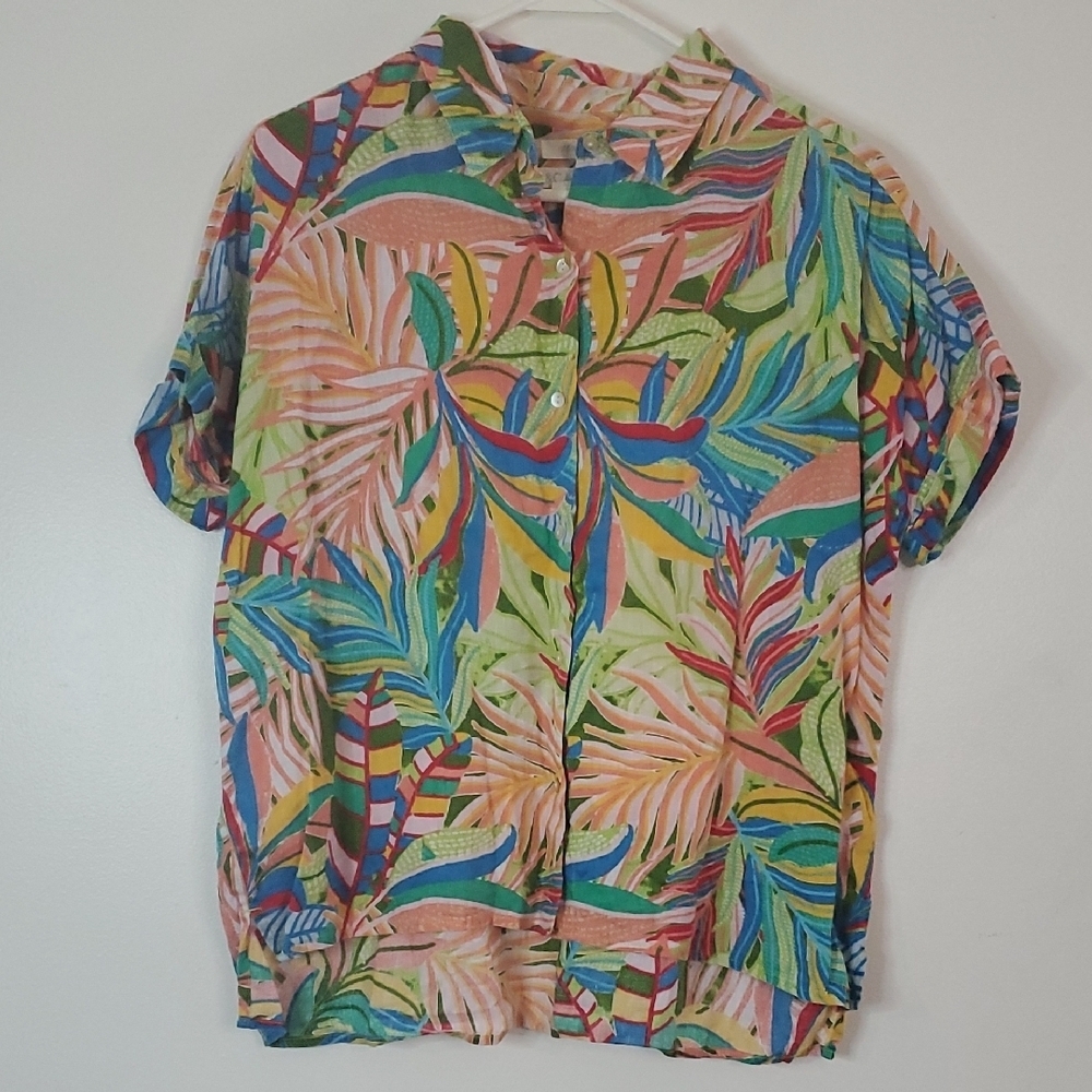 C&C California Tropical Print Linen Button Down Blouse Size Medium Womens Bold